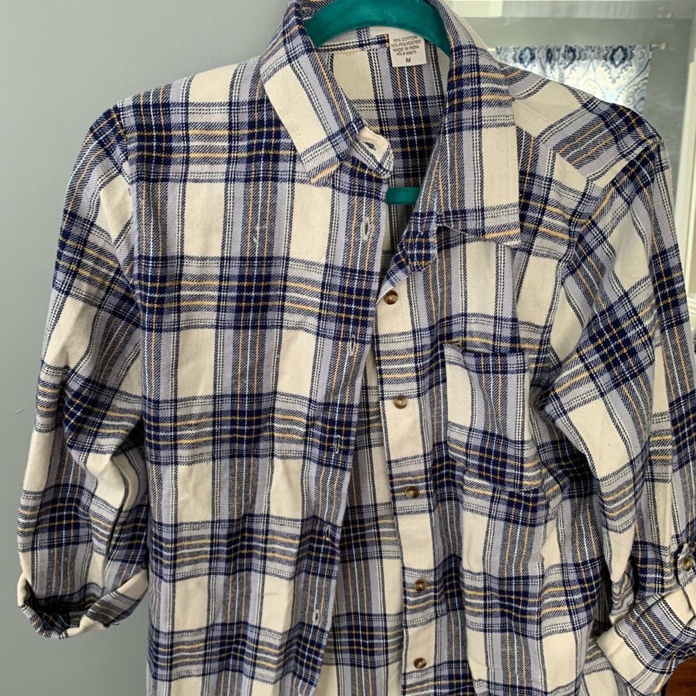 Blue white and yellow button down flannel
